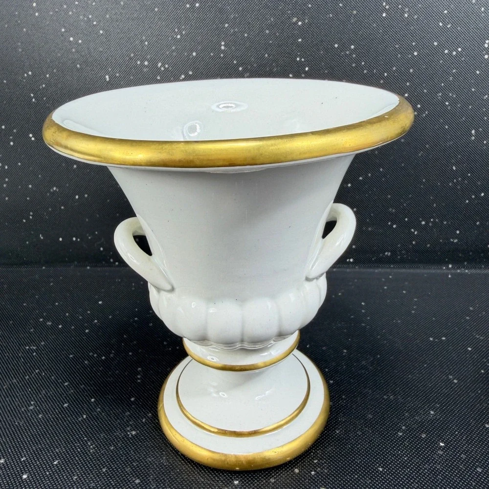 Mottahedeh Italy Porcelain Footed Urn Vase Bowl White Gold Trim Double Handle